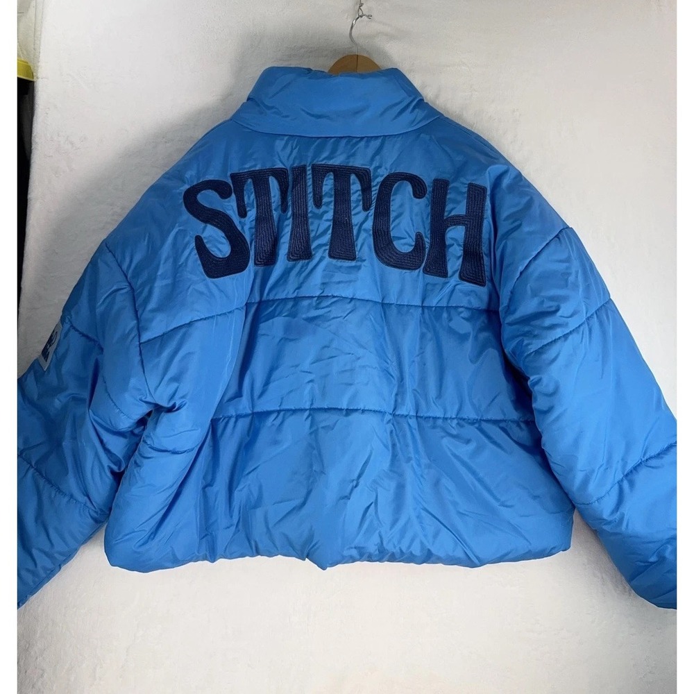 Disney Stitch Jacket Womens XXL Blue Quilted Puffer Ohana Embroidered Short Coat